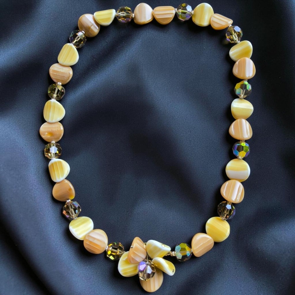 Vintage Butterscotch Lucite Flower Necklace AB Crystal Mid Century 21"